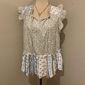 Boho Floral Ruffle Sleeve Blouse - Cream and Blue